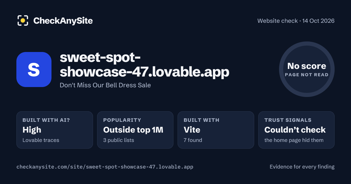 sweet-spot-showcase-47.lovable.app on CheckAnySite: AI traces high, popularity Outside top 1M, no score.