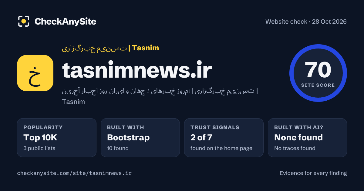 tasnimnews.ir on CheckAnySite: AI traces none found, popularity Top 10K, site score 70 of 100.