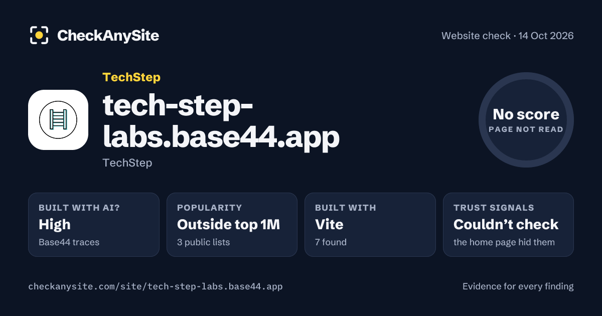 tech-step-labs.base44.app on CheckAnySite: AI traces high, popularity Outside top 1M, no score.