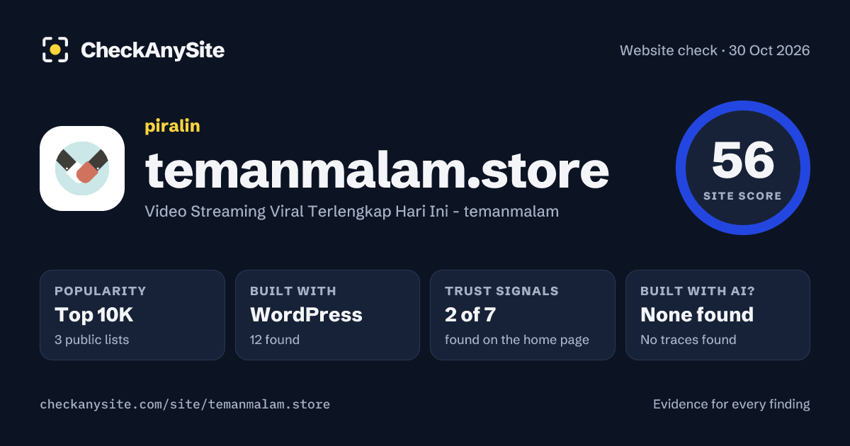 temanmalam.store on CheckAnySite: AI traces none found, popularity Top 10K, site score 56 of 100.