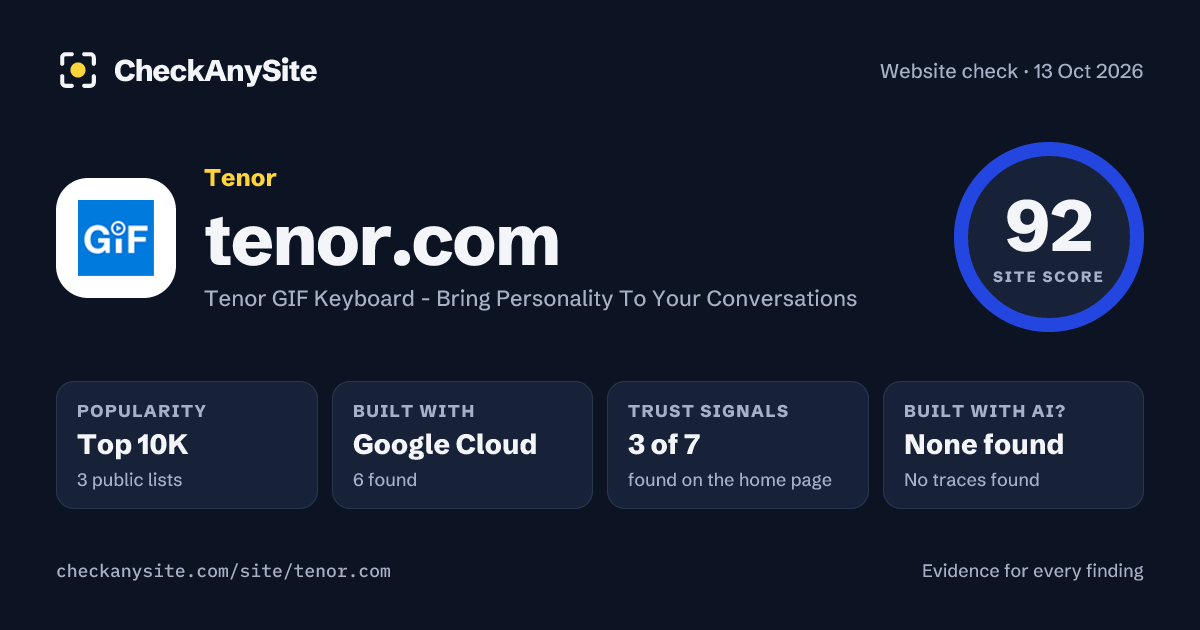 tenor.com on CheckAnySite: AI traces none found, popularity Top 10K, site score 92 of 100.
