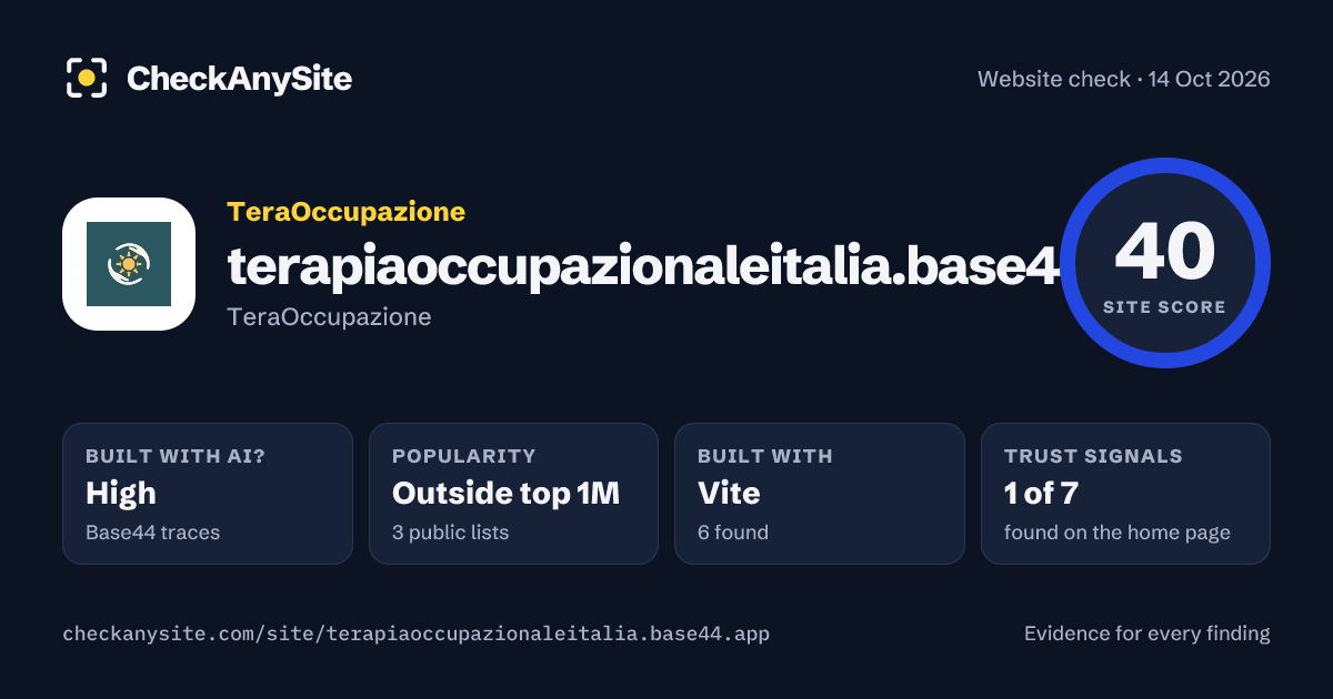 terapiaoccupazionaleitalia.base44.app on CheckAnySite: AI traces high, popularity Outside top 1M, site score 40 of 100.