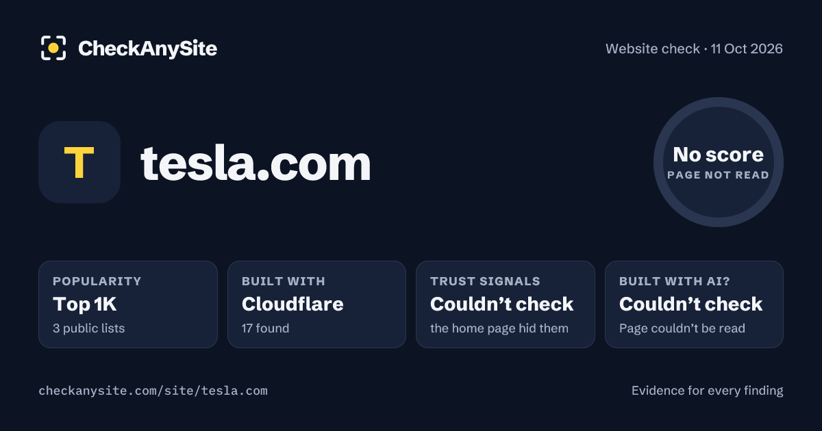 tesla.com on CheckAnySite: AI traces couldn’t check, popularity Top 1K, no score.