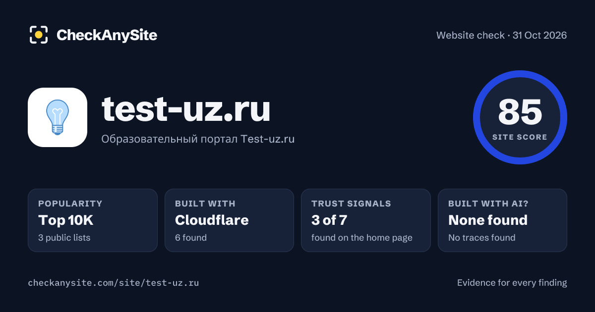 test-uz.ru on CheckAnySite: AI traces none found, popularity Top 10K, site score 85 of 100.