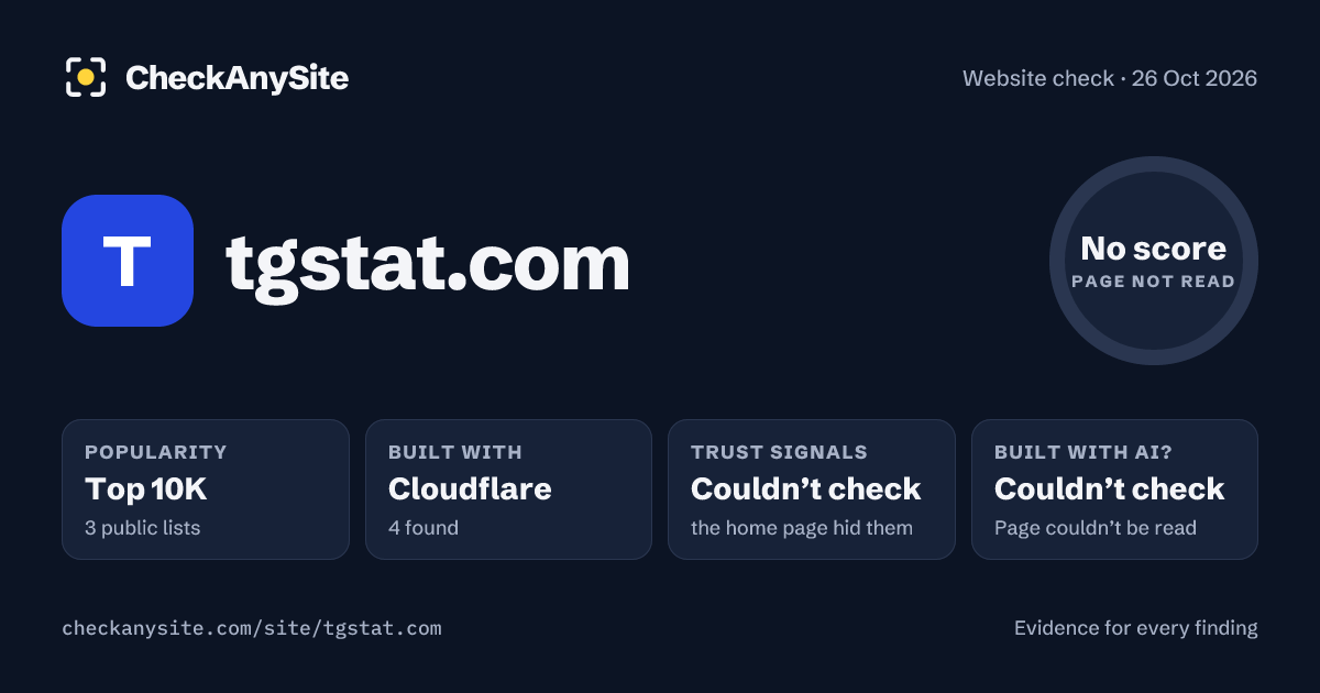 tgstat.com on CheckAnySite: AI traces couldn’t check, popularity Top 10K, no score.