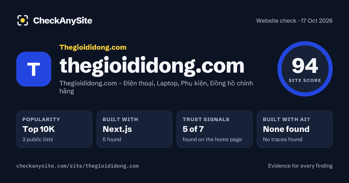 thegioididong.com on CheckAnySite: AI traces none found, popularity Top 10K, site score 94 of 100.