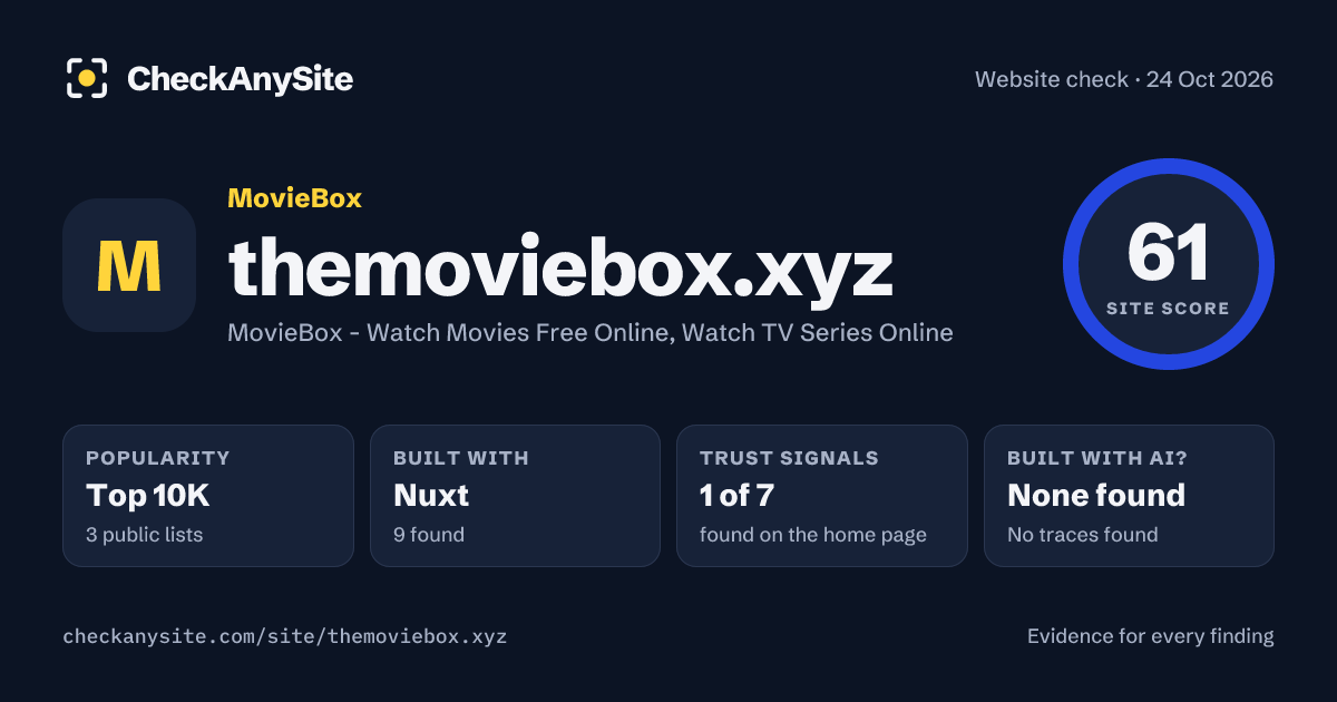 themoviebox.xyz on CheckAnySite: AI traces none found, popularity Top 10K, site score 61 of 100.