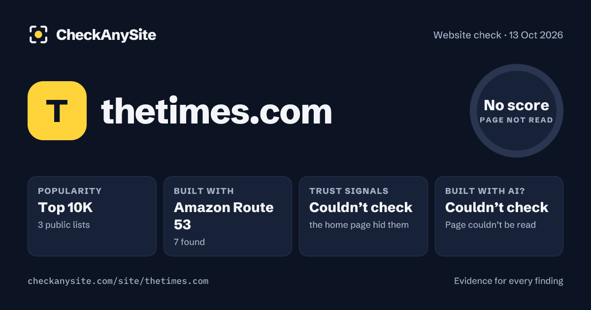 thetimes.com on CheckAnySite: AI traces couldn’t check, popularity Top 10K, no score.