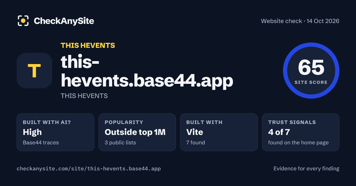 this-hevents.base44.app on CheckAnySite: AI traces high, popularity Outside top 1M, site score 65 of 100.