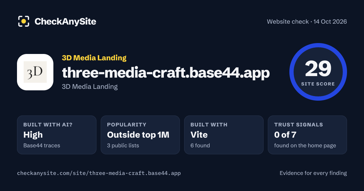 three-media-craft.base44.app on CheckAnySite: AI traces high, popularity Outside top 1M, site score 29 of 100.