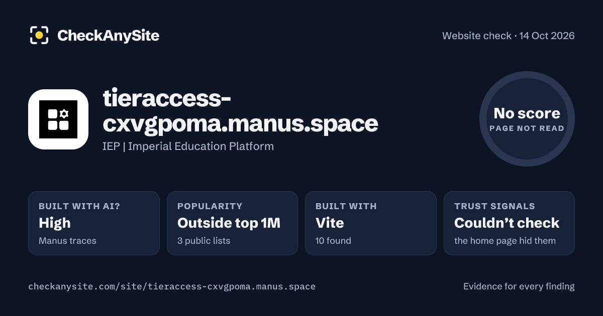tieraccess-cxvgpoma.manus.space on CheckAnySite: AI traces high, popularity Outside top 1M, no score.