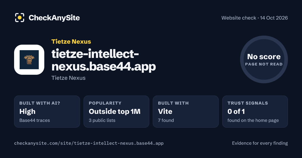 tietze-intellect-nexus.base44.app on CheckAnySite: AI traces high, popularity Outside top 1M, no score.
