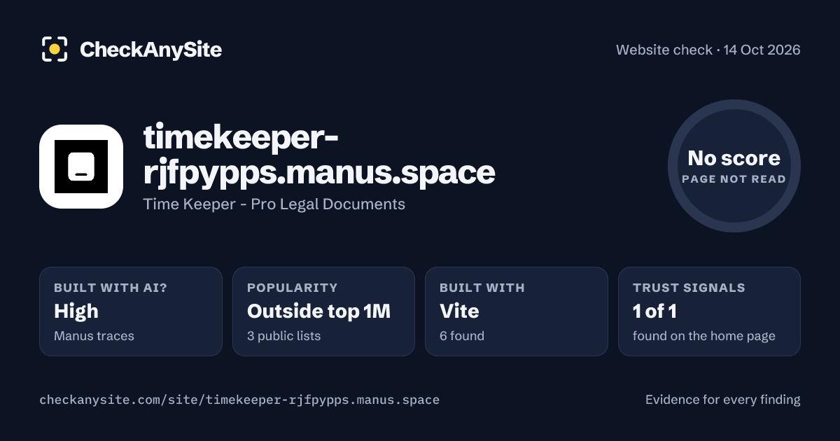 timekeeper-rjfpypps.manus.space on CheckAnySite: AI traces high, popularity Outside top 1M, no score.