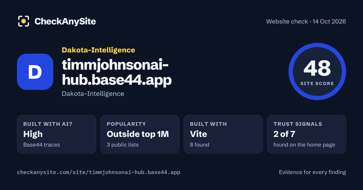 timmjohnsonai-hub.base44.app on CheckAnySite: AI traces high, popularity Outside top 1M, site score 48 of 100.