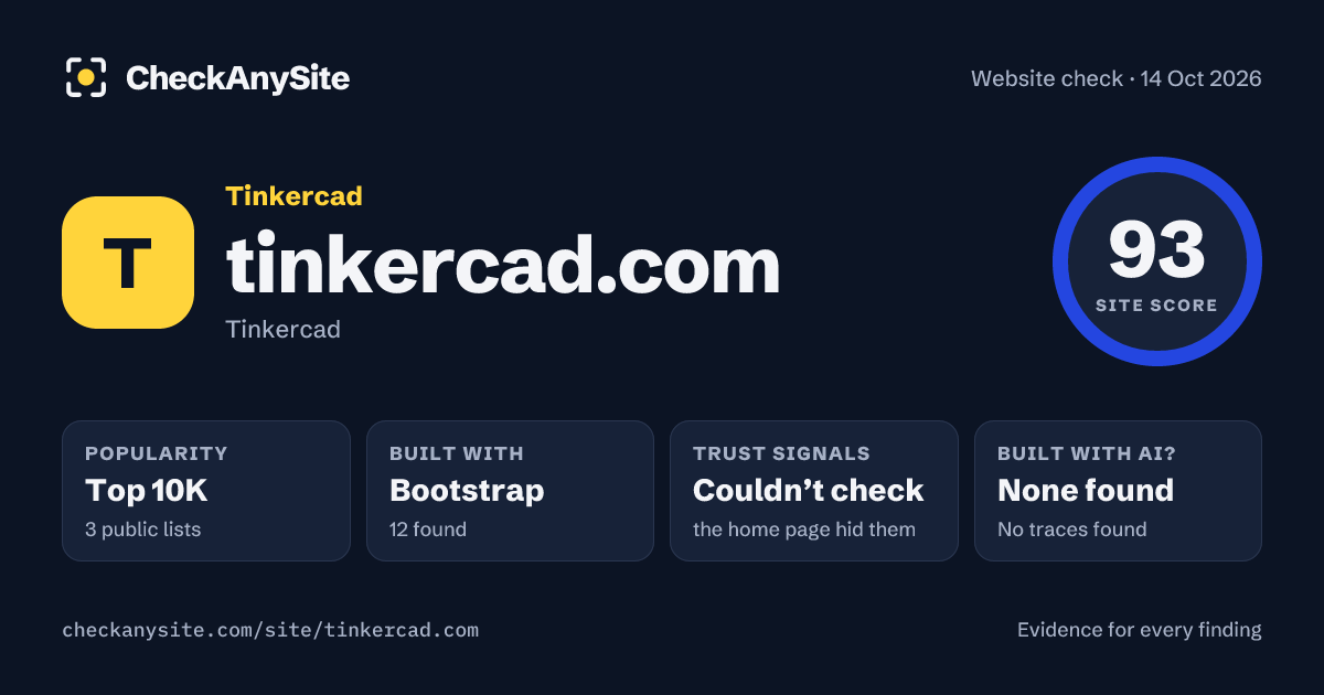 tinkercad.com on CheckAnySite: AI traces none found, popularity Top 10K, site score 93 of 100.