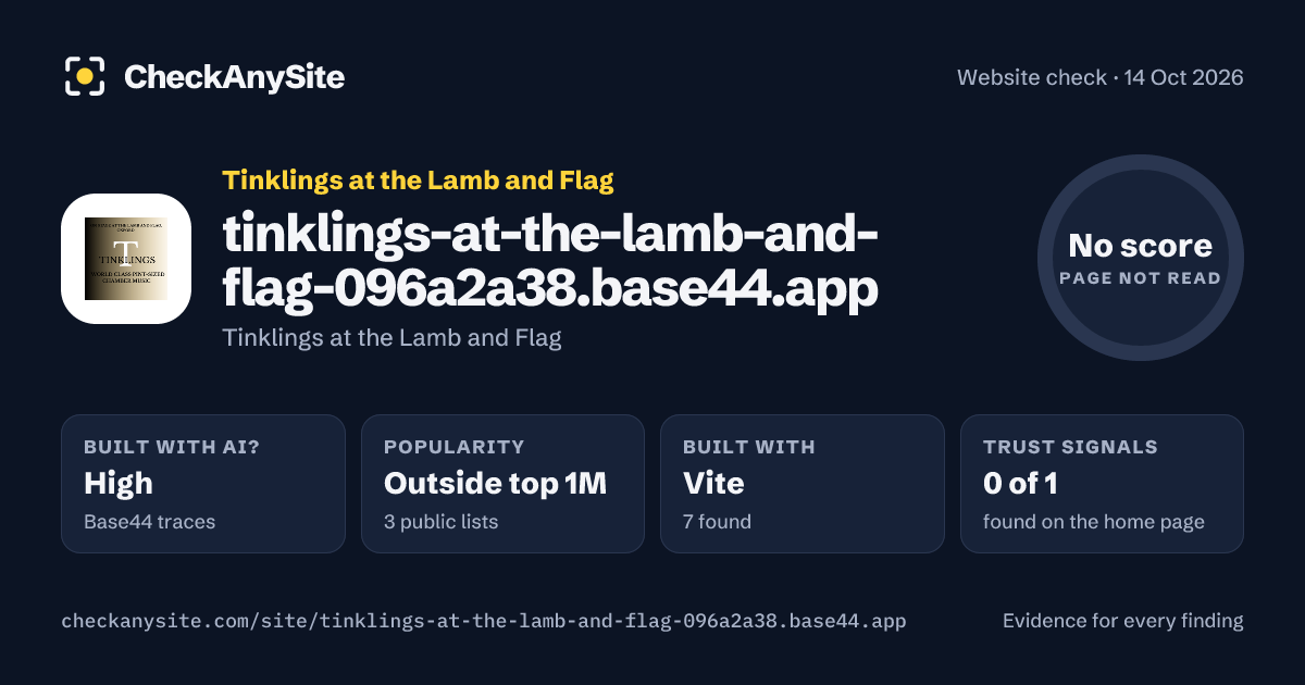 tinklings-at-the-lamb-and-flag-096a2a38.base44.app on CheckAnySite: AI traces high, popularity Outside top 1M, no score.