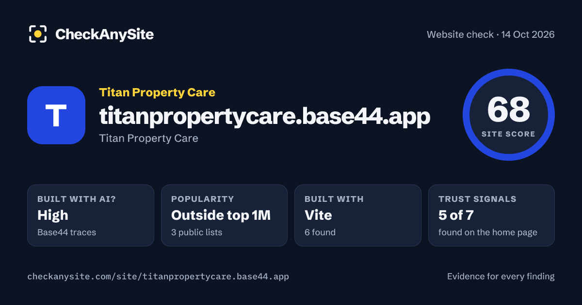 titanpropertycare.base44.app on CheckAnySite: AI traces high, popularity Outside top 1M, site score 68 of 100.