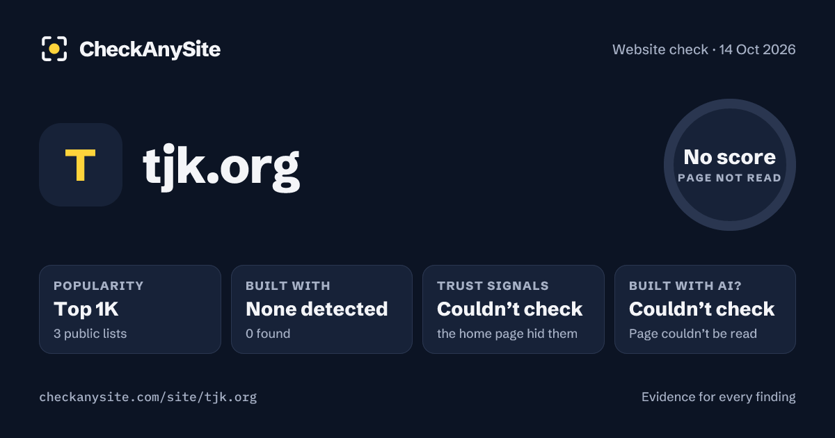 tjk.org on CheckAnySite: AI traces couldn’t check, popularity Top 1K, no score.