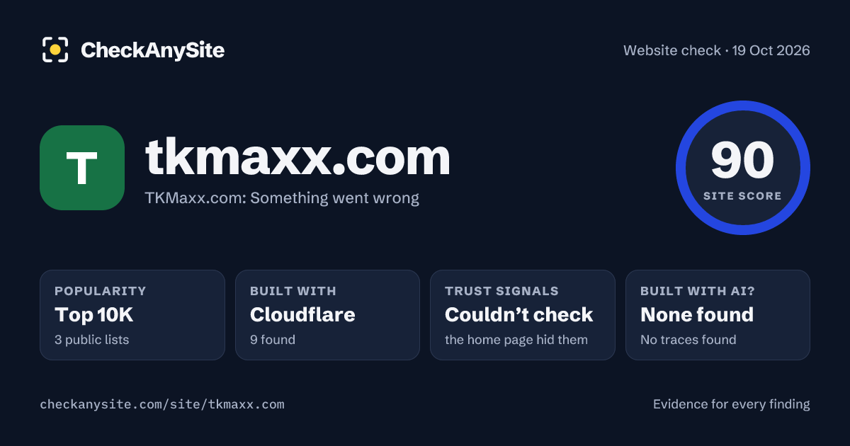 tkmaxx.com on CheckAnySite: AI traces none found, popularity Top 10K, site score 90 of 100.