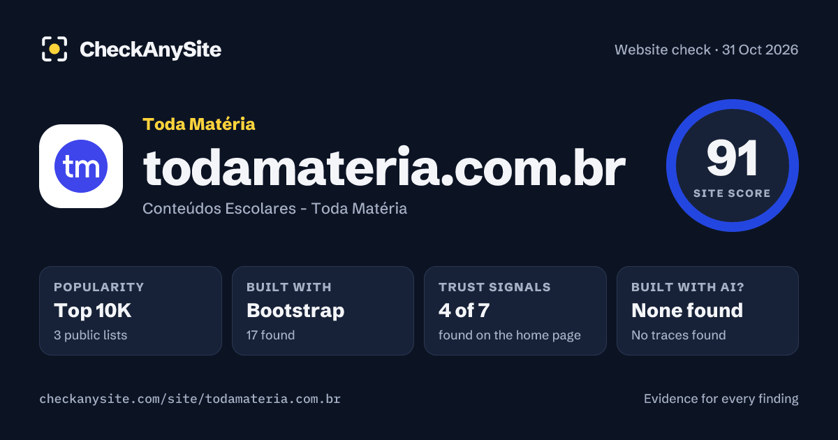 todamateria.com.br on CheckAnySite: AI traces none found, popularity Top 10K, site score 91 of 100.