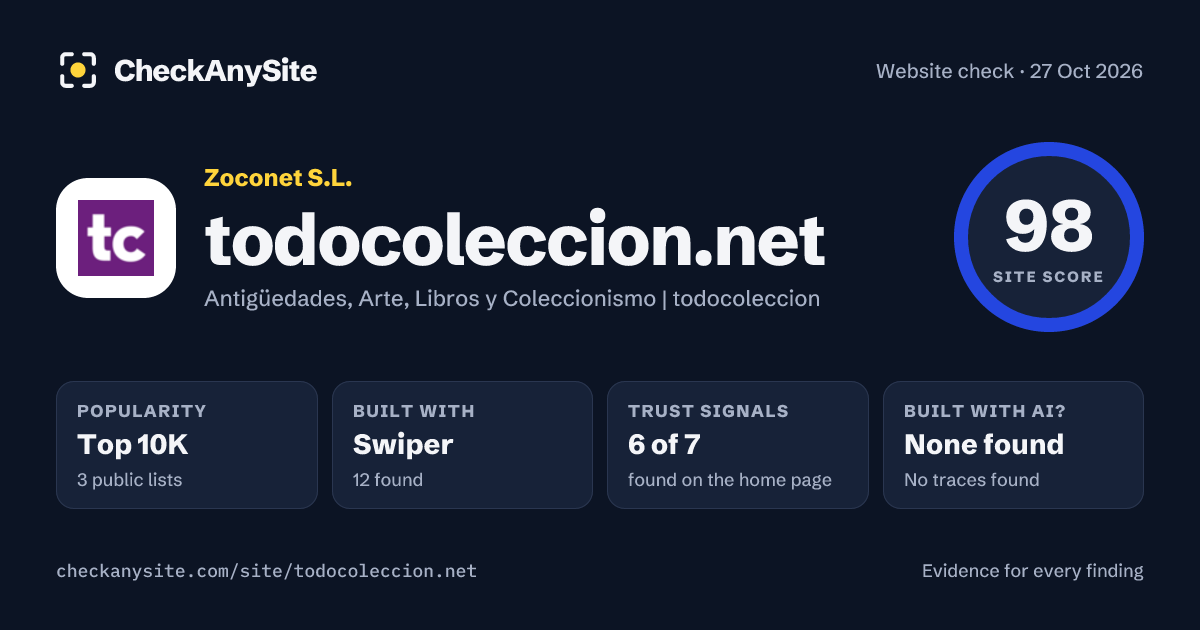 todocoleccion.net on CheckAnySite: AI traces none found, popularity Top 10K, site score 98 of 100.