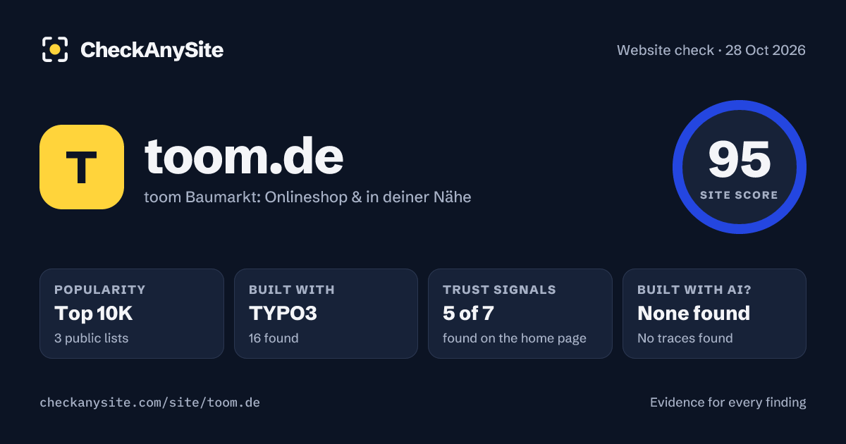 toom.de on CheckAnySite: AI traces none found, popularity Top 10K, site score 95 of 100.