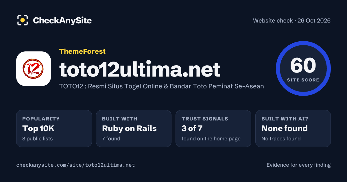 toto12ultima.net on CheckAnySite: AI traces none found, popularity Top 10K, site score 60 of 100.