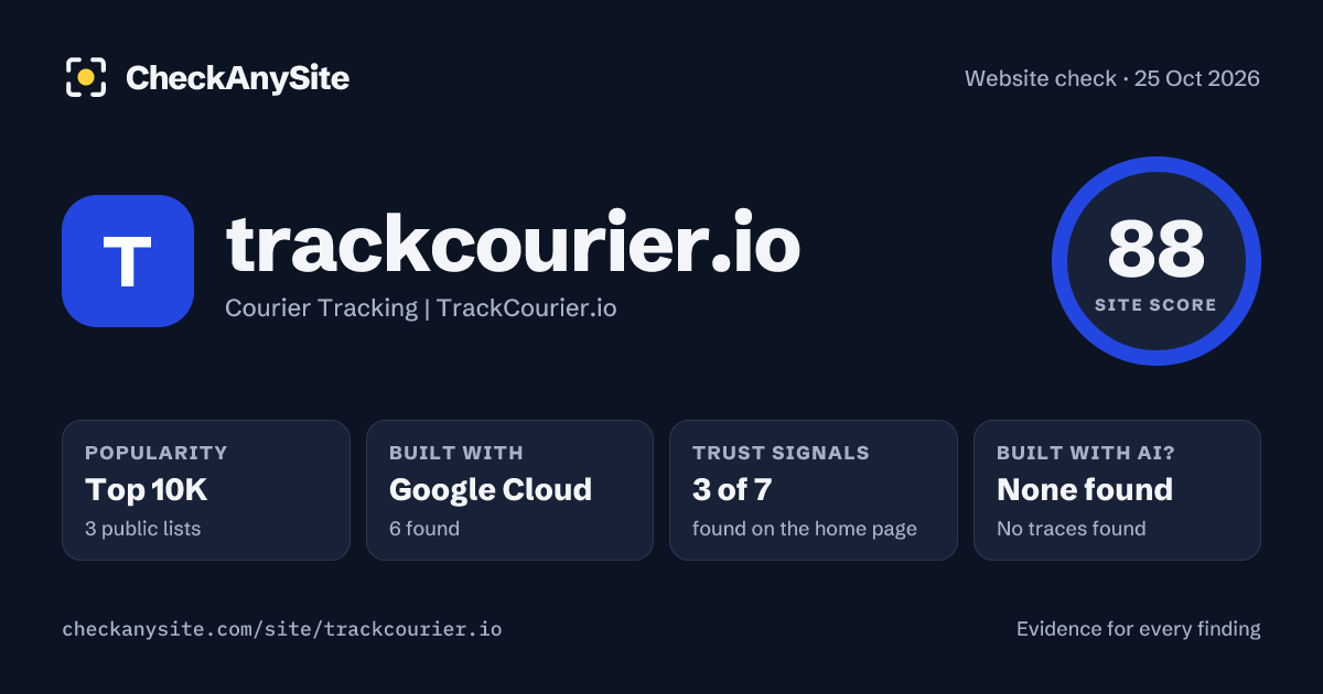 trackcourier.io on CheckAnySite: AI traces none found, popularity Top 10K, site score 88 of 100.