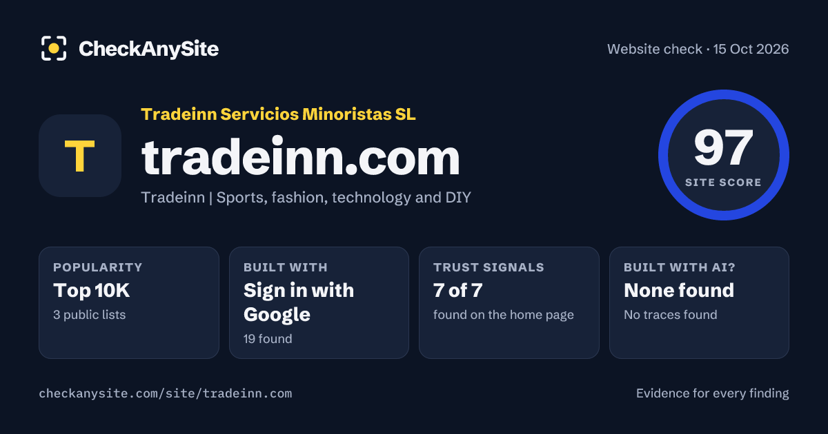 tradeinn.com on CheckAnySite: AI traces none found, popularity Top 10K, site score 97 of 100.