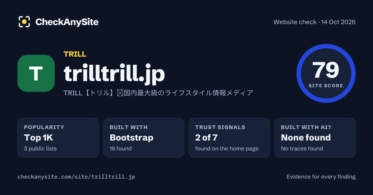 trilltrill.jp on CheckAnySite: AI traces none found, popularity Top 1K, site score 79 of 100.