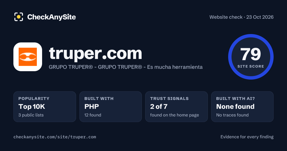 truper.com on CheckAnySite: AI traces none found, popularity Top 10K, site score 79 of 100.