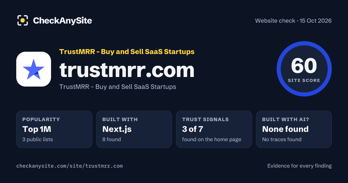 trustmrr.com on CheckAnySite: AI traces none found, popularity Top 1M, site score 60 of 100.