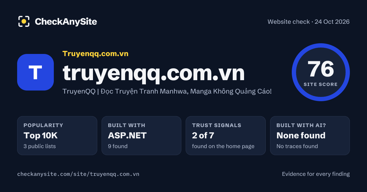 truyenqq.com.vn on CheckAnySite: AI traces none found, popularity Top 10K, site score 76 of 100.