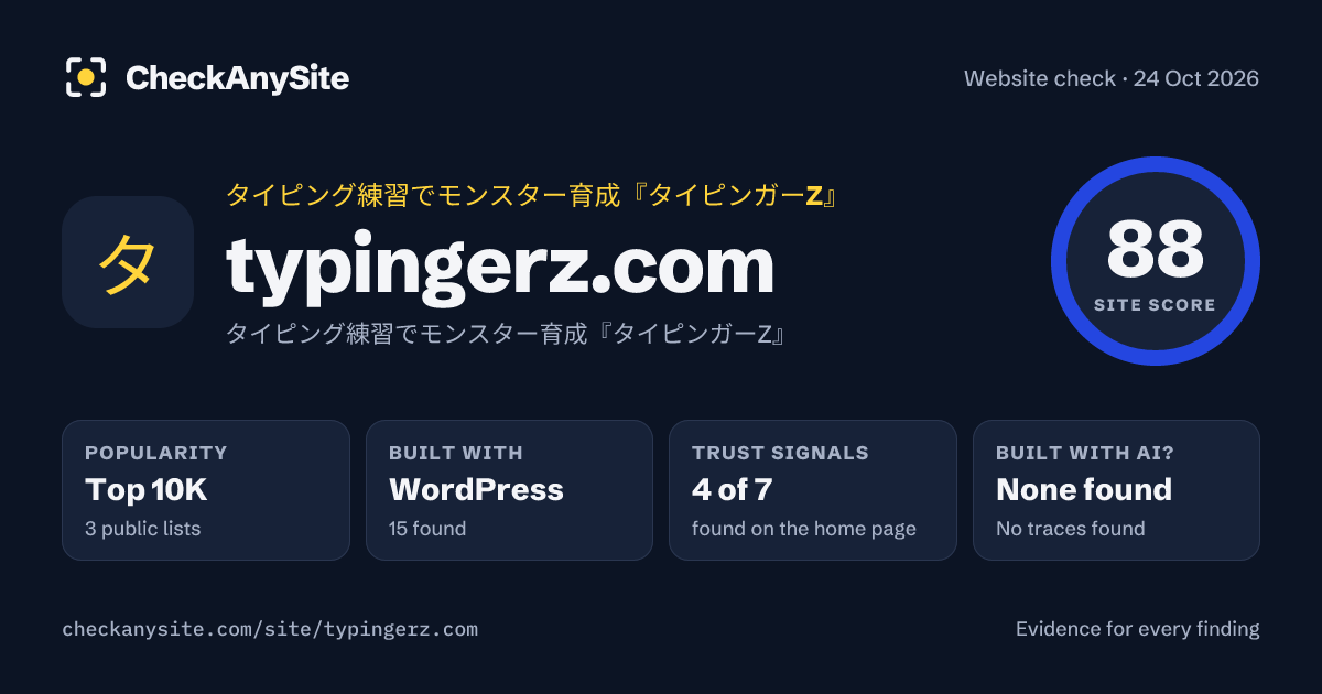 typingerz.com on CheckAnySite: AI traces none found, popularity Top 10K, site score 88 of 100.