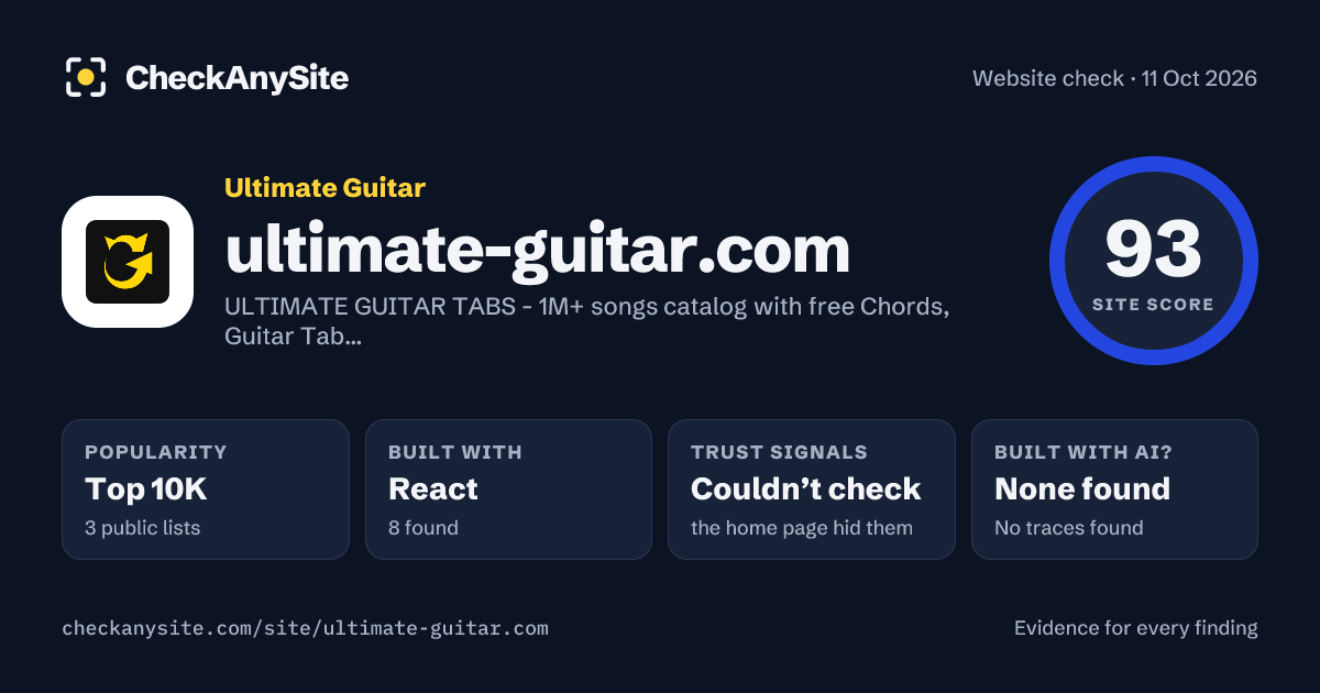 ultimate-guitar.com on CheckAnySite: AI traces none found, popularity Top 10K, site score 93 of 100.