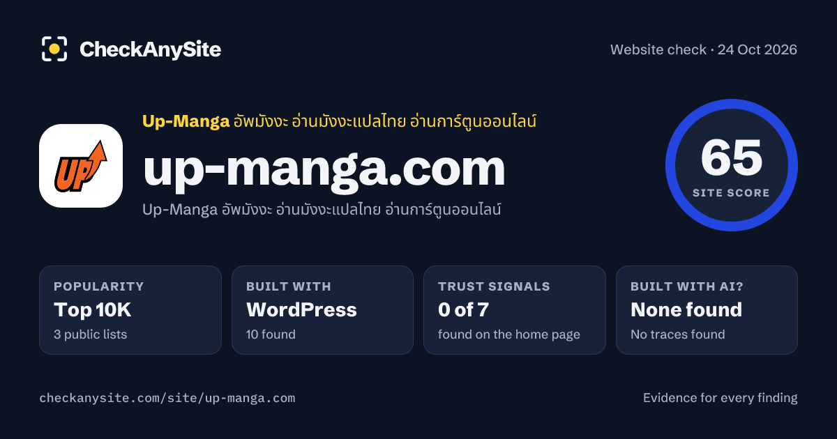 up-manga.com on CheckAnySite: AI traces none found, popularity Top 10K, site score 65 of 100.