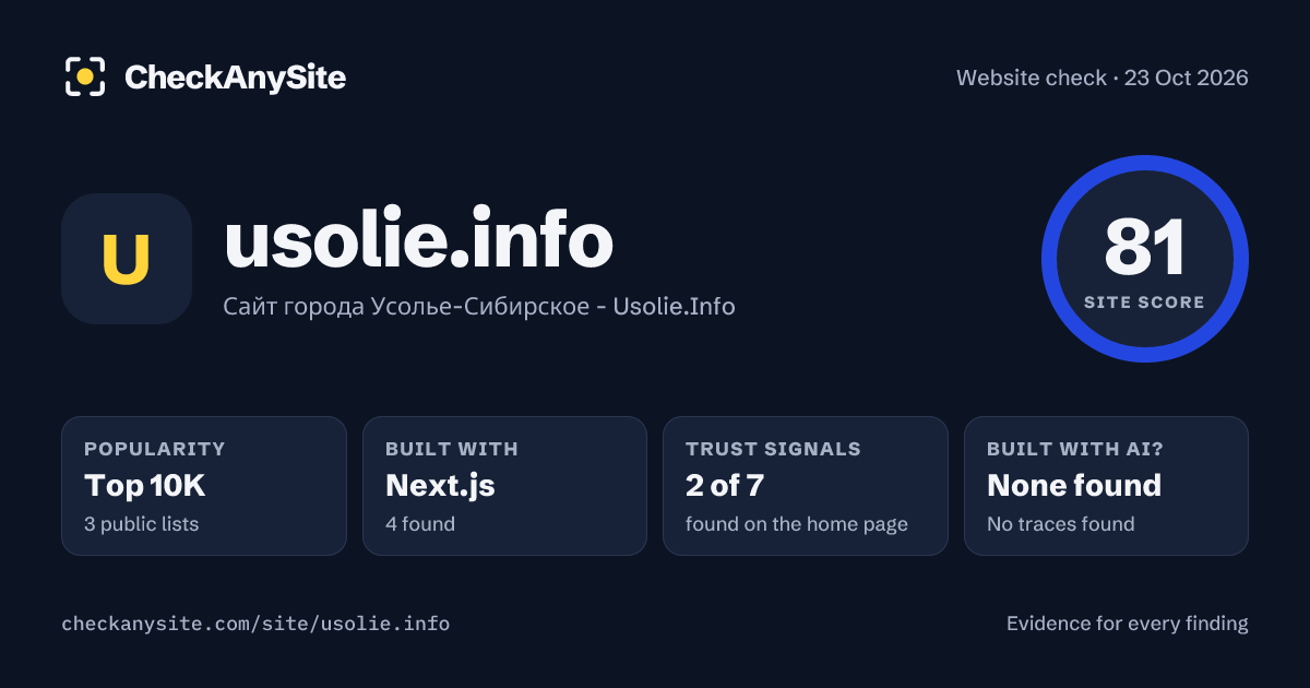usolie.info on CheckAnySite: AI traces none found, popularity Top 10K, site score 81 of 100.