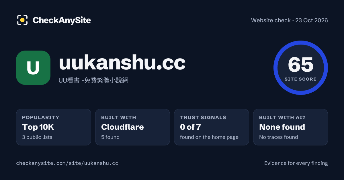 uukanshu.cc on CheckAnySite: AI traces none found, popularity Top 10K, site score 65 of 100.