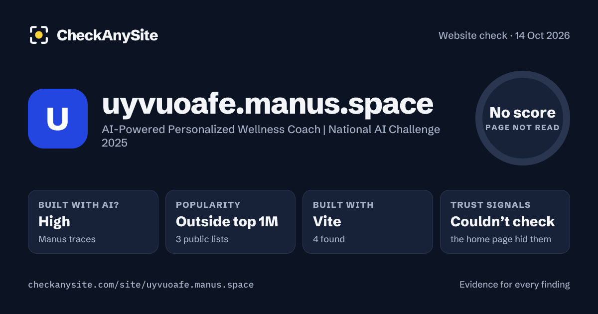 uyvuoafe.manus.space on CheckAnySite: AI traces high, popularity Outside top 1M, no score.