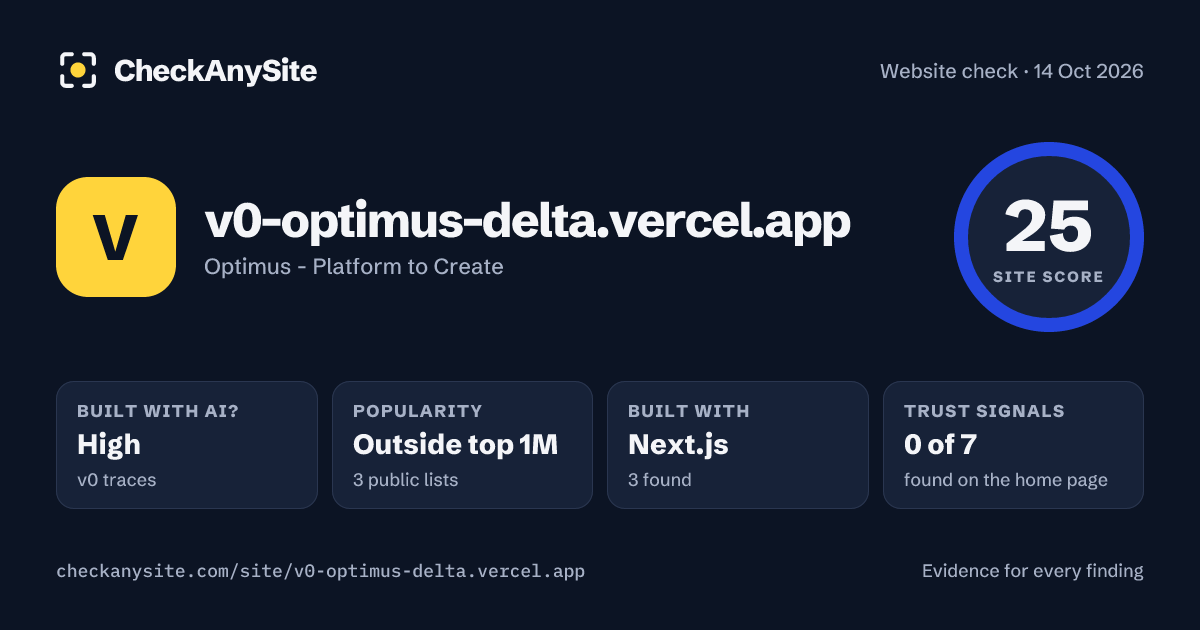 v0-optimus-delta.vercel.app on CheckAnySite: AI traces high, popularity Outside top 1M, site score 25 of 100.