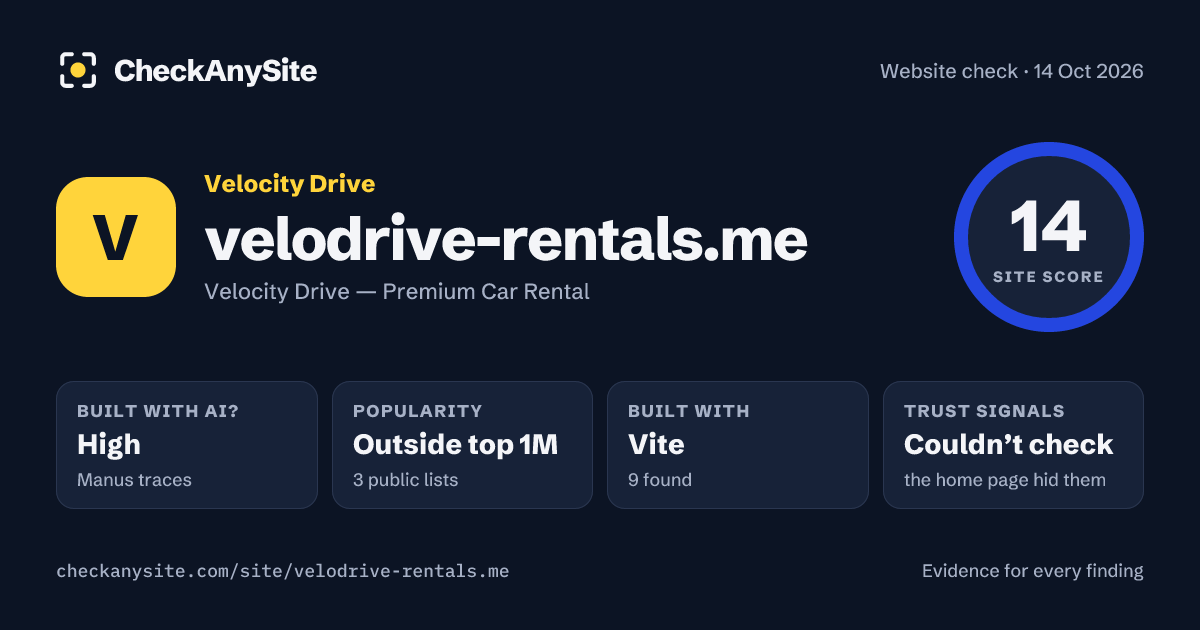 velodrive-rentals.me on CheckAnySite: AI traces high, popularity Outside top 1M, site score 14 of 100.