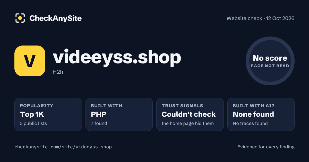 videeyss.shop on CheckAnySite: AI traces none found, popularity Top 1K, no score.