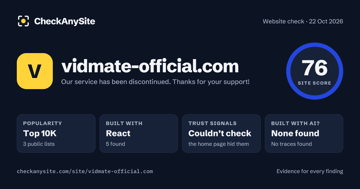 vidmate-official.com on CheckAnySite: AI traces none found, popularity Top 10K, site score 76 of 100.