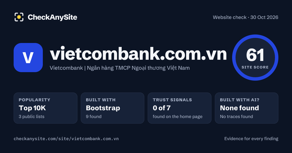 vietcombank.com.vn on CheckAnySite: AI traces none found, popularity Top 10K, site score 61 of 100.