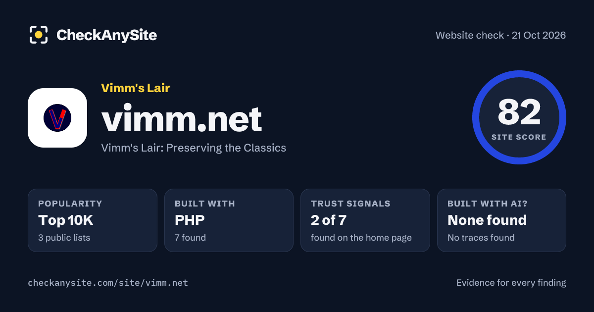 vimm.net on CheckAnySite: AI traces none found, popularity Top 10K, site score 82 of 100.