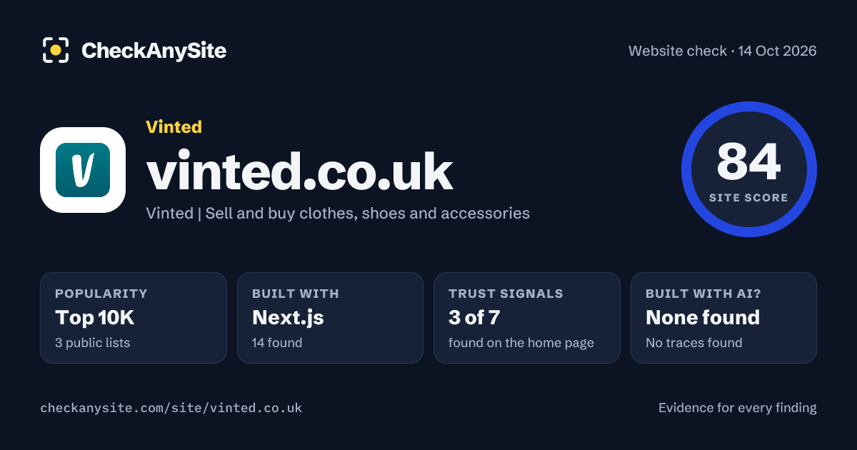 vinted.co.uk on CheckAnySite: AI traces none found, popularity Top 10K, site score 84 of 100.