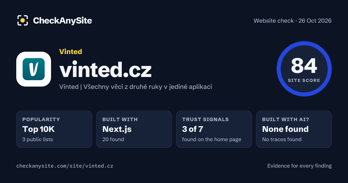 vinted.cz on CheckAnySite: AI traces none found, popularity Top 10K, site score 84 of 100.