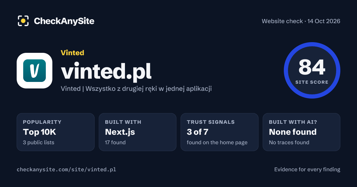 vinted.pl on CheckAnySite: AI traces none found, popularity Top 10K, site score 84 of 100.