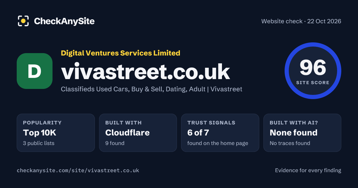 vivastreet.co.uk on CheckAnySite: AI traces none found, popularity Top 10K, site score 96 of 100.