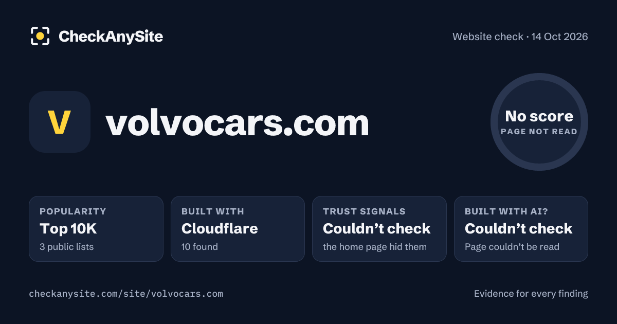 volvocars.com on CheckAnySite: AI traces couldn’t check, popularity Top 10K, no score.